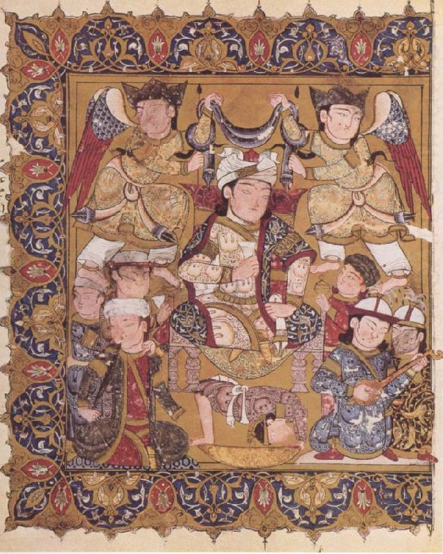 Enthroned ruler beneath a scarf of victory upheld by angels and who himself holds both royal cup and royal white kerchief, unknow artist
